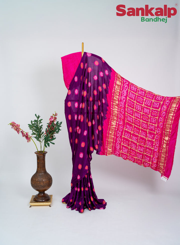 Rani Magenta Gulti Gaji Silk Bandhani Saree