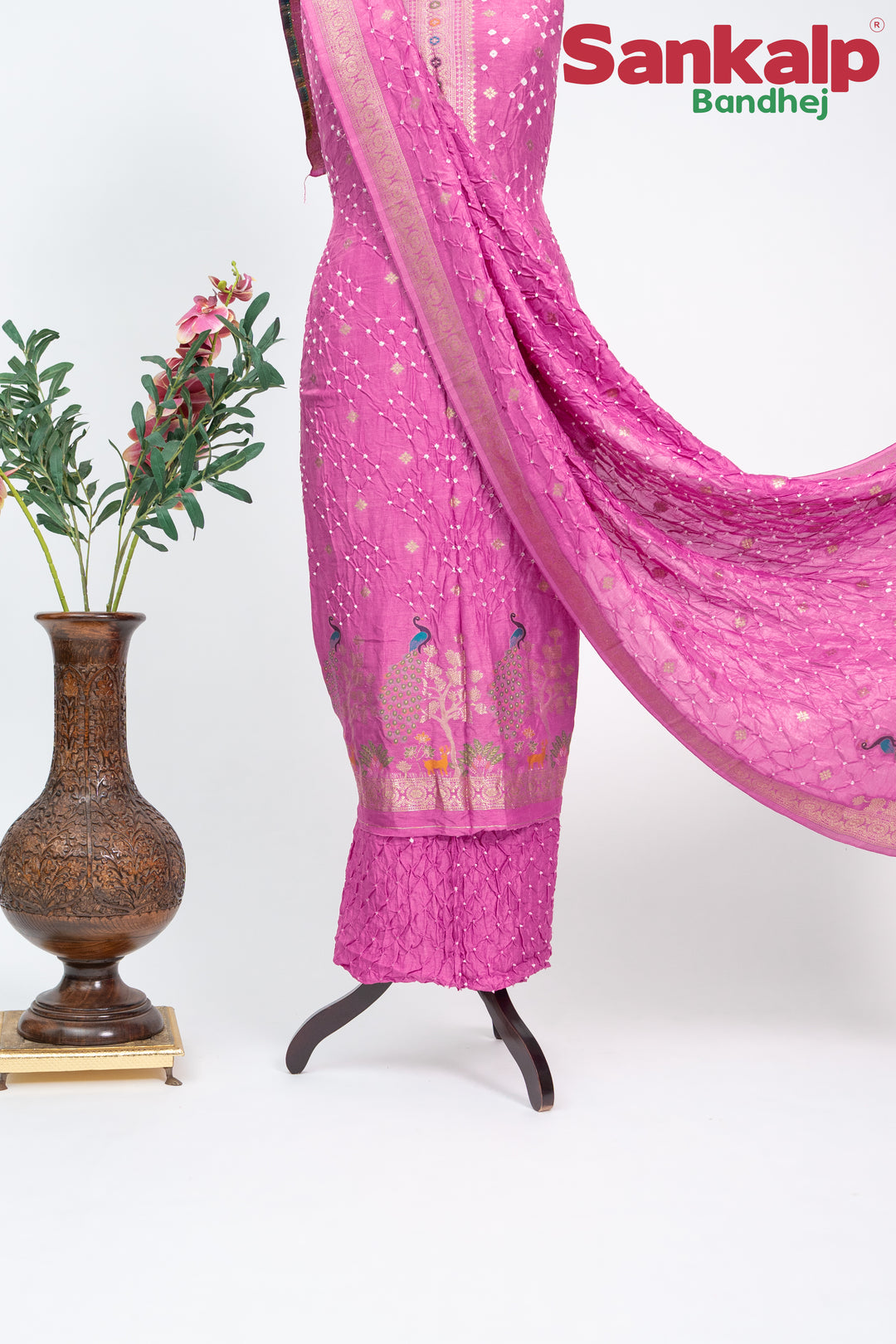 Light Magenta Bandhani Tussar Silk Dress Material