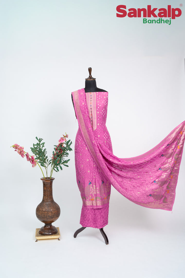 Light Magenta Bandhani Tussar Silk Dress Material