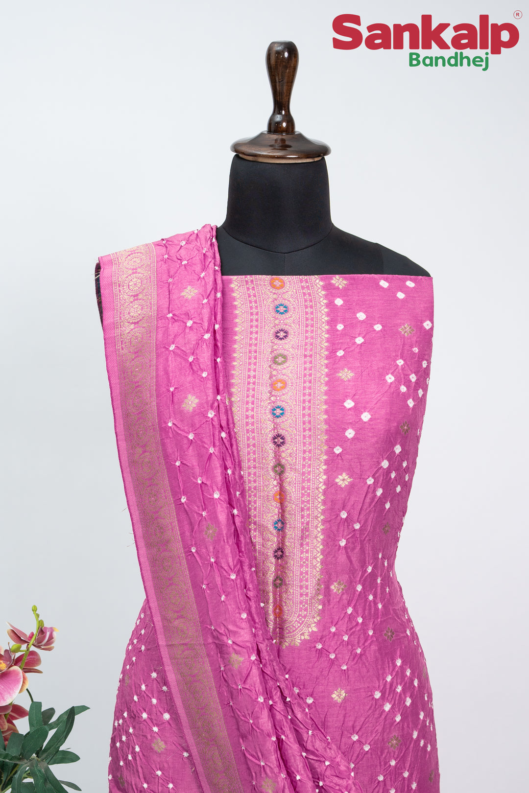Light Magenta Bandhani Tussar Silk Dress Material