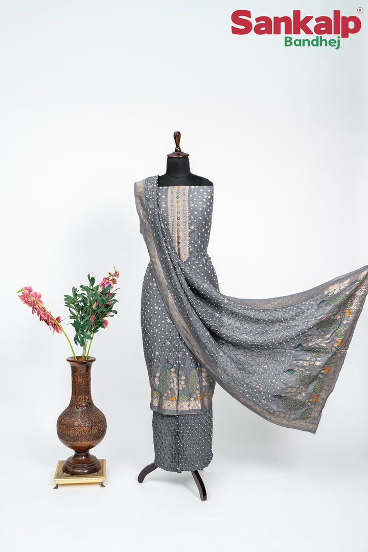 Grey Bandhani Tussar Silk Dress Material