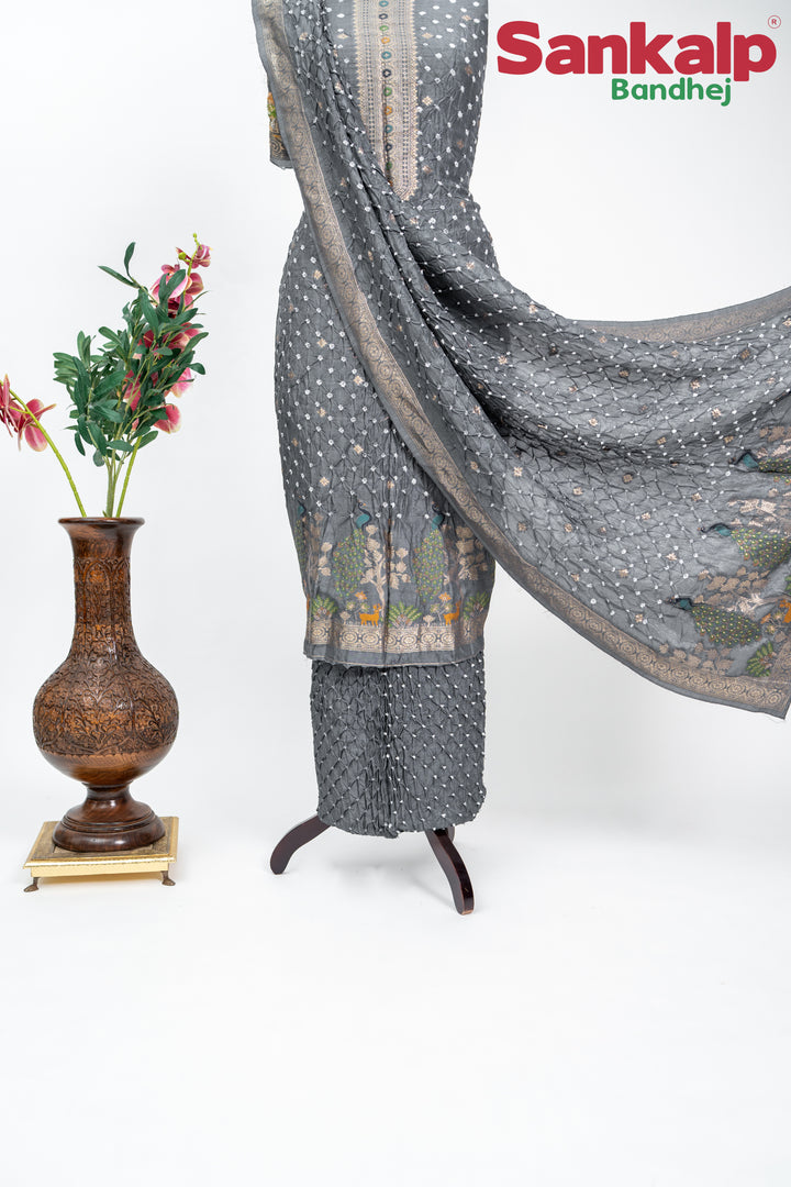 Grey Bandhani Tussar Silk Dress Material