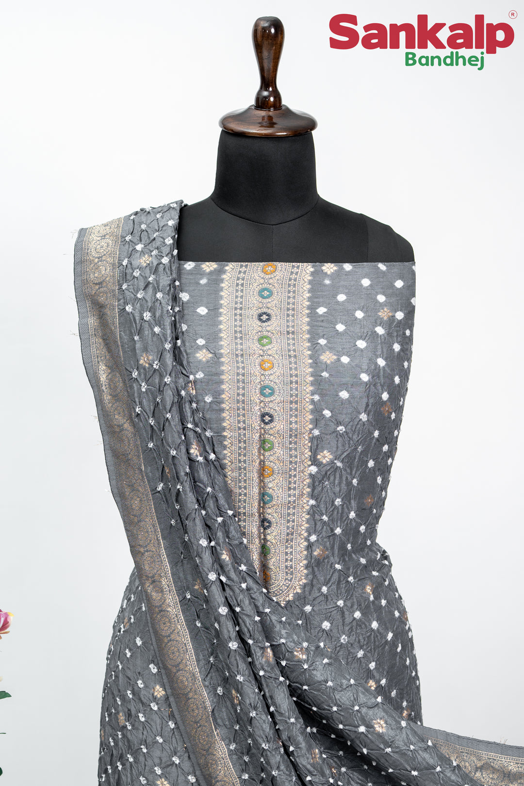 Grey Bandhani Tussar Silk Dress Material