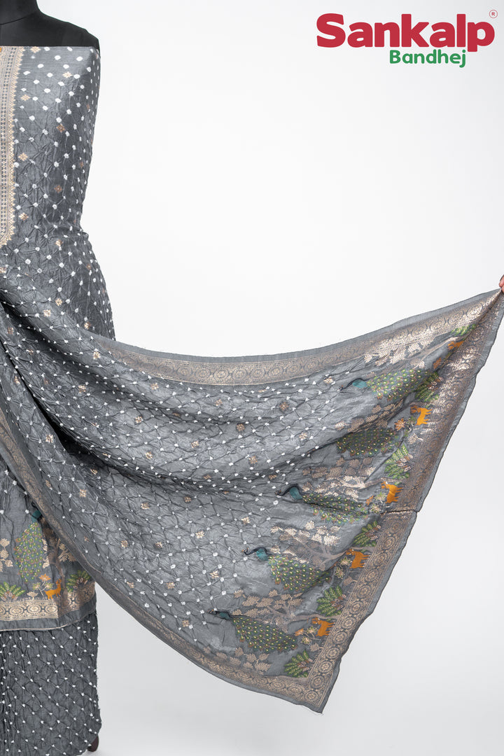 Grey Bandhani Tussar Silk Dress Material