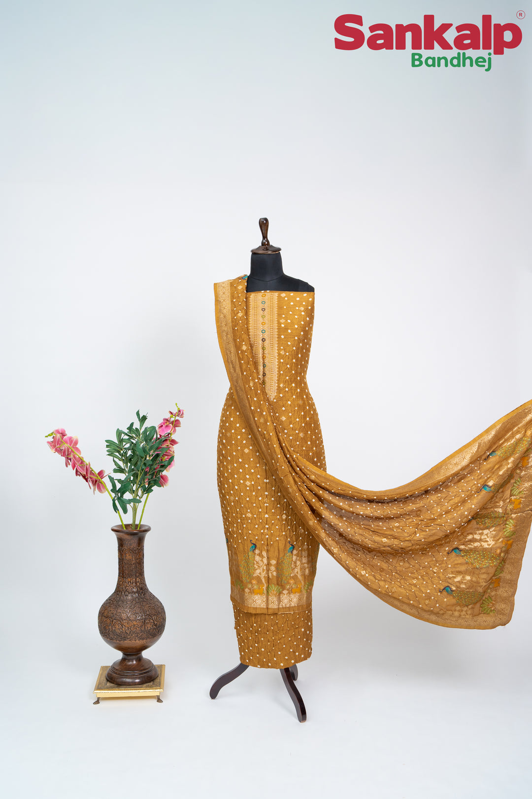 Mustard (Sonera ) Bandhani Tussar Silk Dress Material
