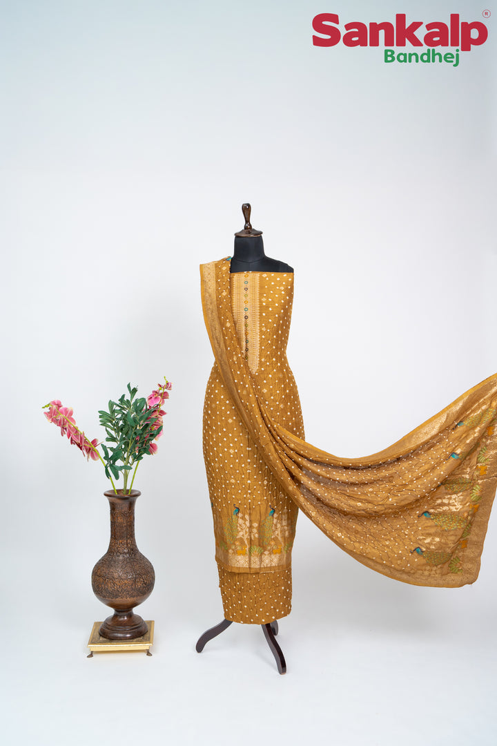 Mustard (Sonera ) Bandhani Tussar Silk Dress Material
