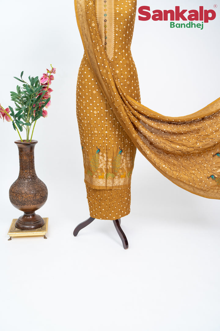 Mustard (Sonera ) Bandhani Tussar Silk Dress Material