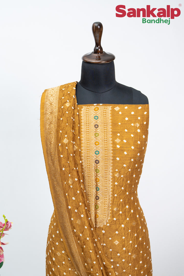Mustard (Sonera ) Bandhani Tussar Silk Dress Material