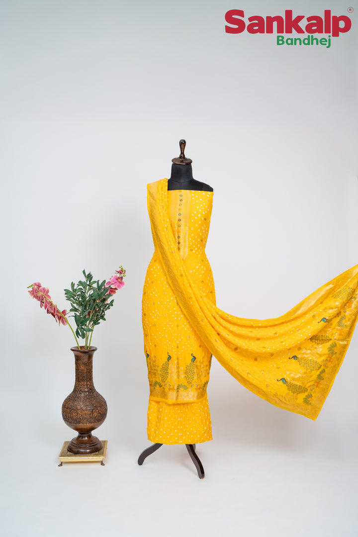 Lemon Yellow  Bandhani Tussar Silk Dress Material