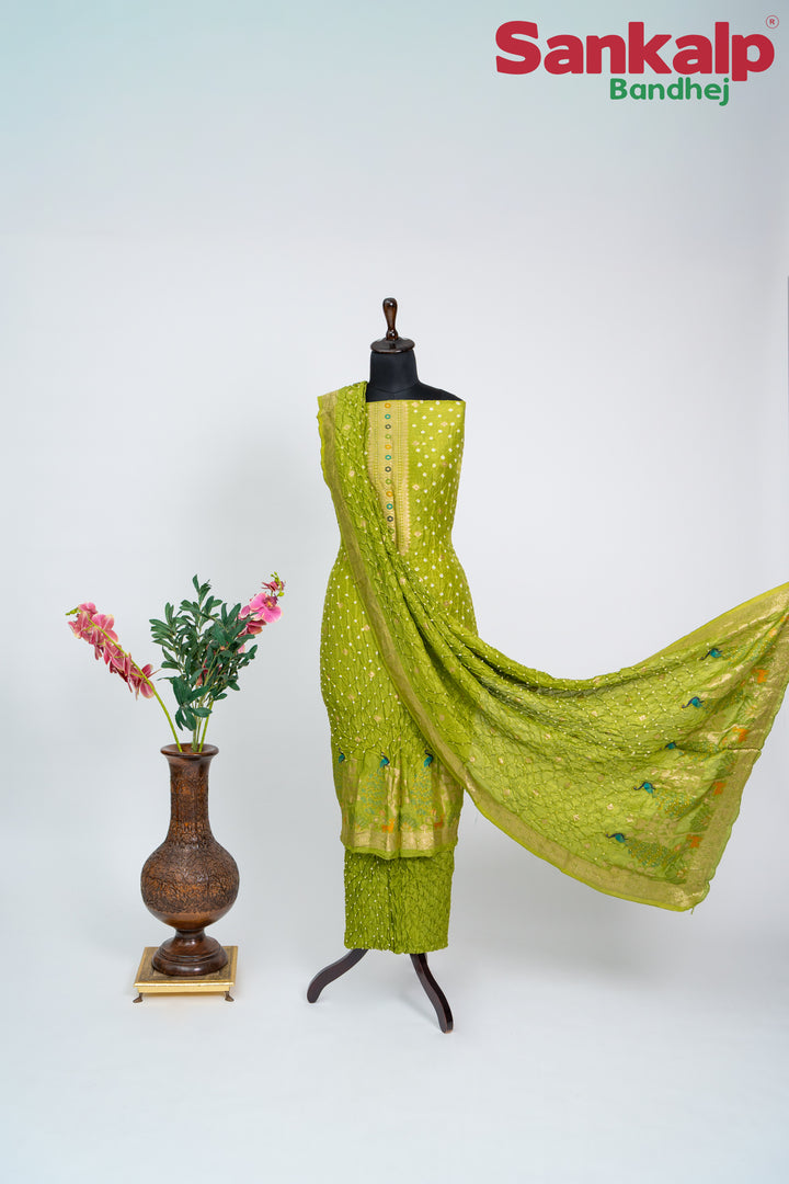 Light Mehendi Bandhani Tussar Silk Dress Material