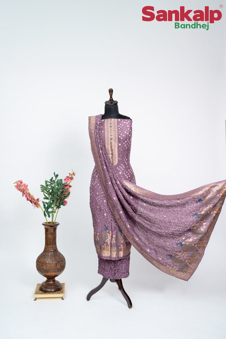 Wine Bandhani Tussar Silk Dress Material