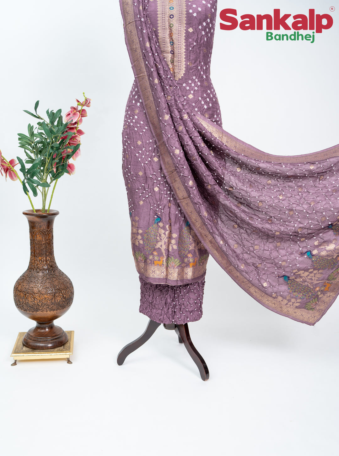 Wine Bandhani Tussar Silk Dress Material