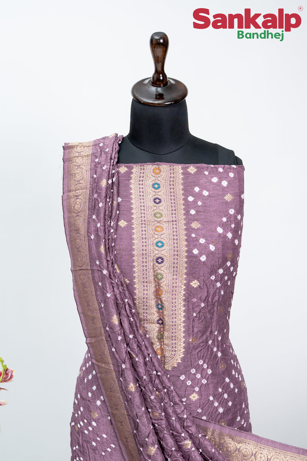 Wine Bandhani Tussar Silk Dress Material