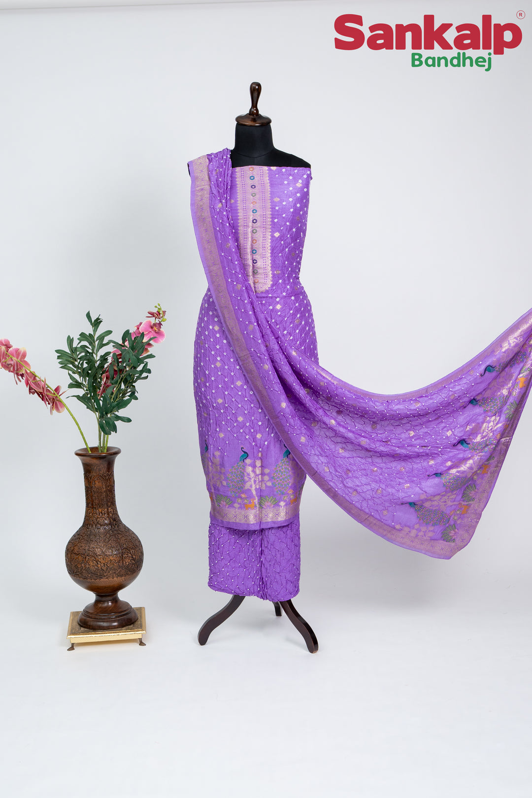 Lavender Bandhani Tussar Silk Dress Material