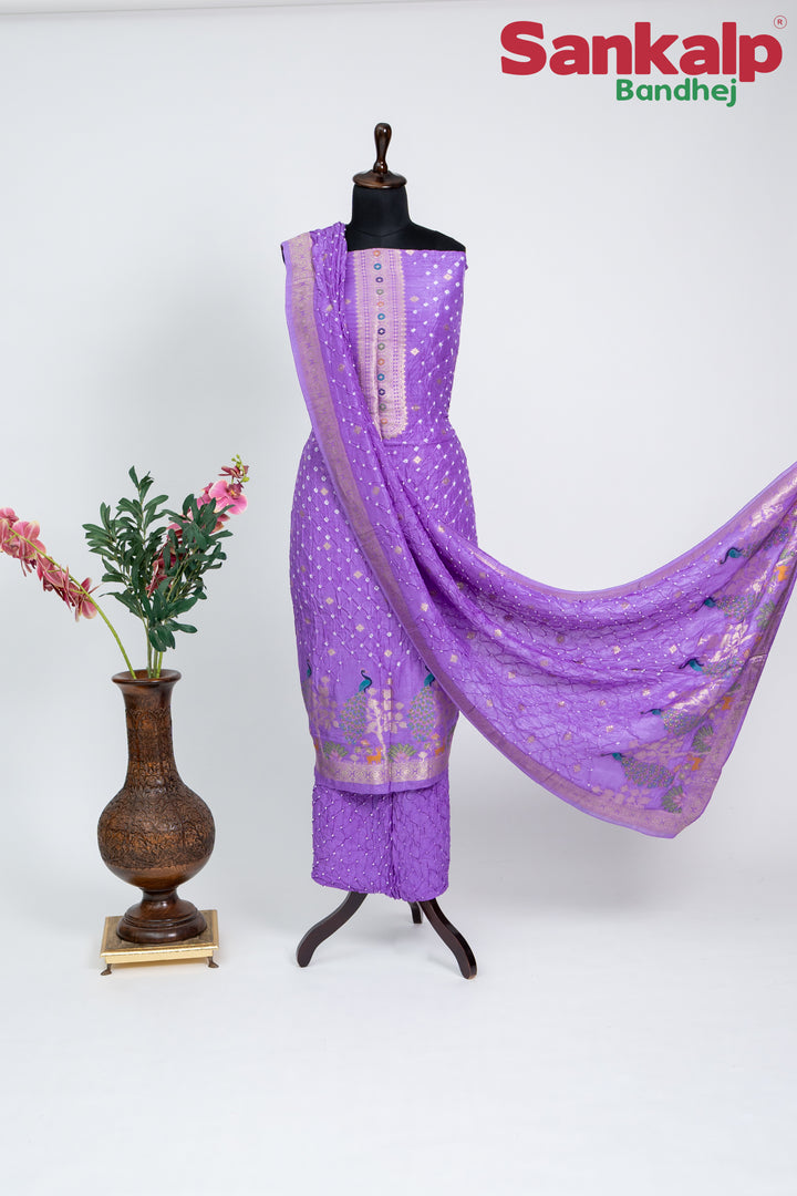 Lavender Bandhani Tussar Silk Dress Material