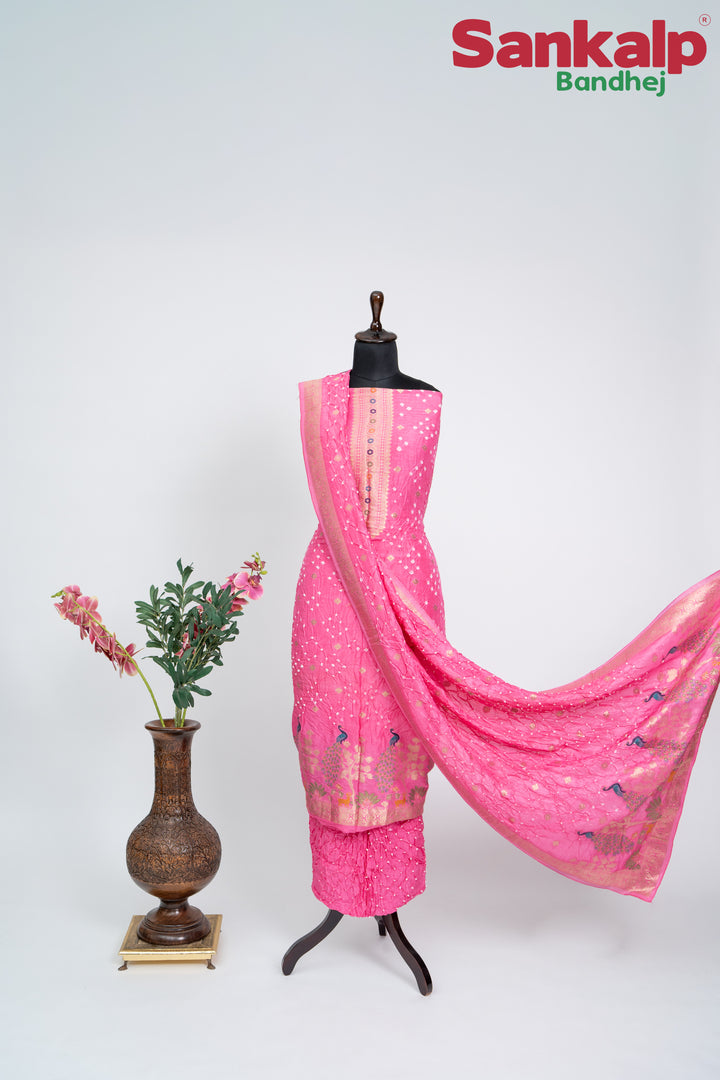 Light Pink Bandhani Tussar Silk Dress Material