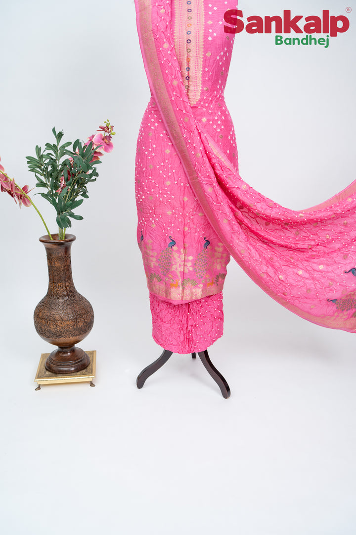 Light Pink Bandhani Tussar Silk Dress Material