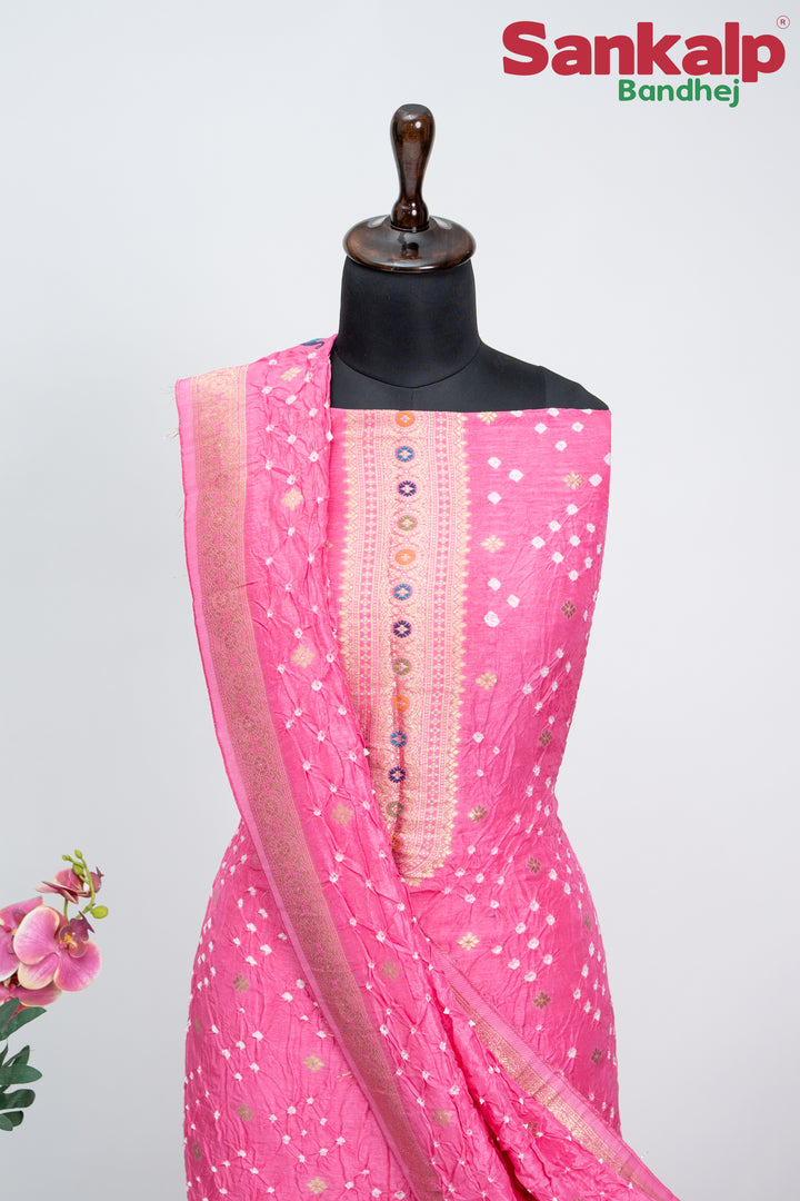 Light Pink Bandhani Tussar Silk Dress Material
