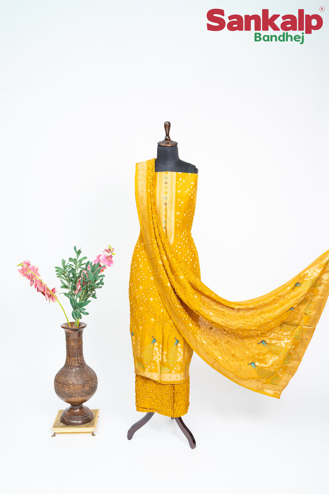 Golden Yellow Bandhani Tussar Silk Dress Material