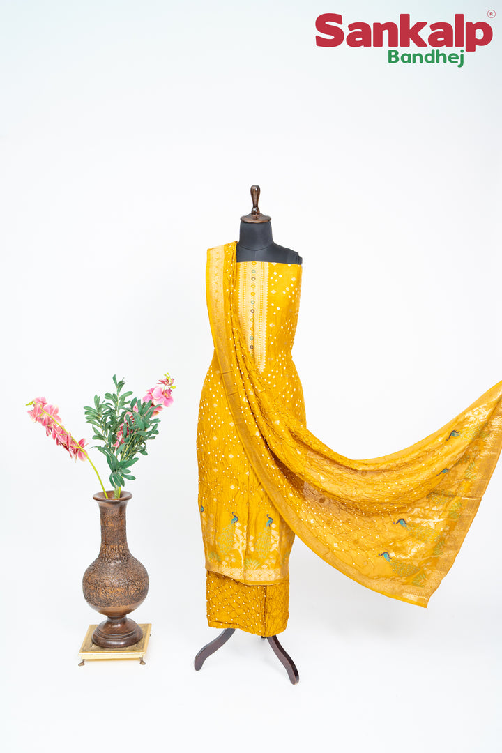 Golden Yellow Bandhani Tussar Silk Dress Material