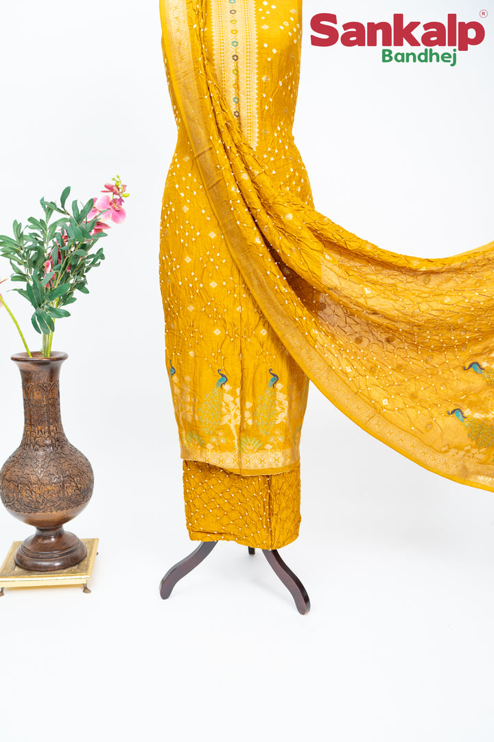 Golden Yellow Bandhani Tussar Silk Dress Material