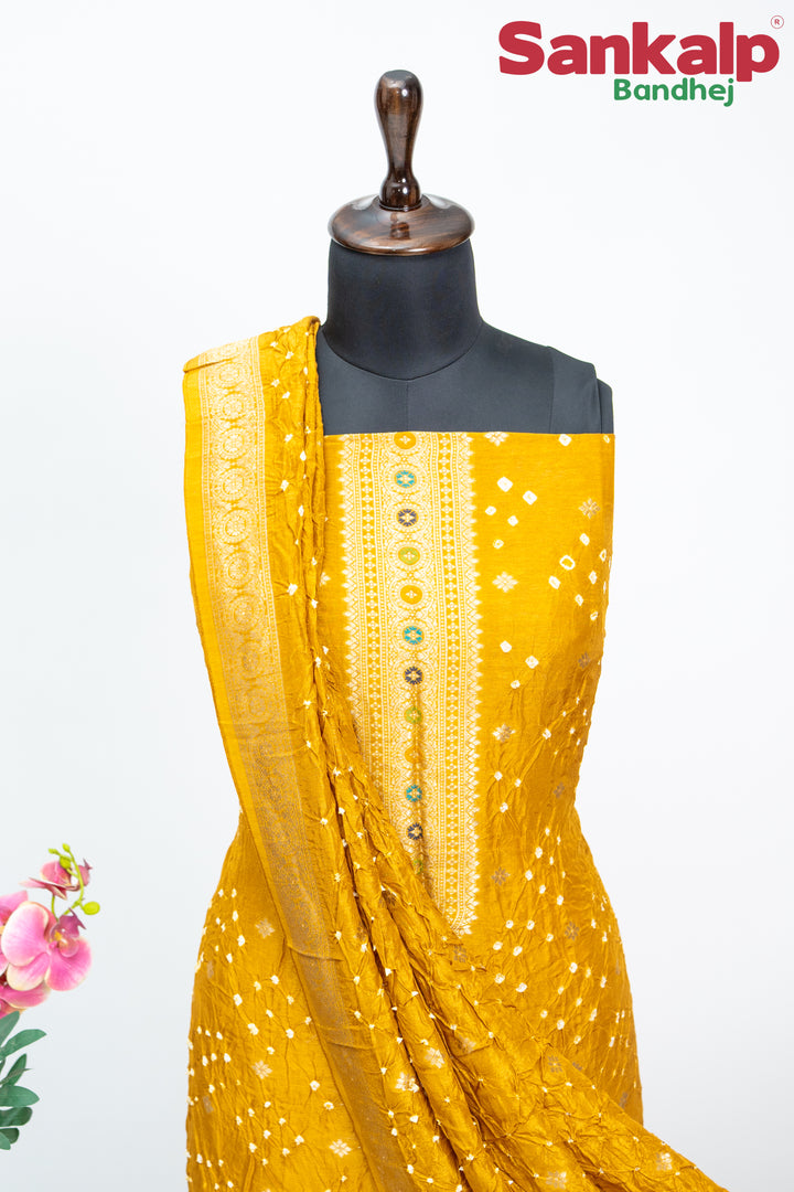 Golden Yellow Bandhani Tussar Silk Dress Material