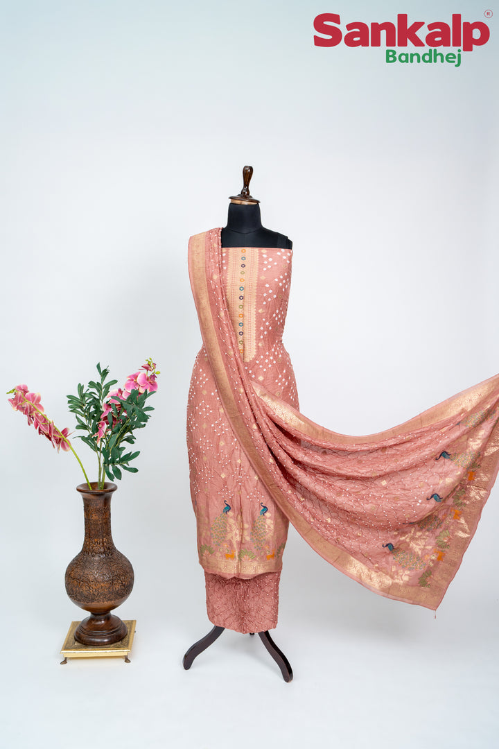 Light Carrot (Gajeri) Bandhani Tussar Silk Dress Material