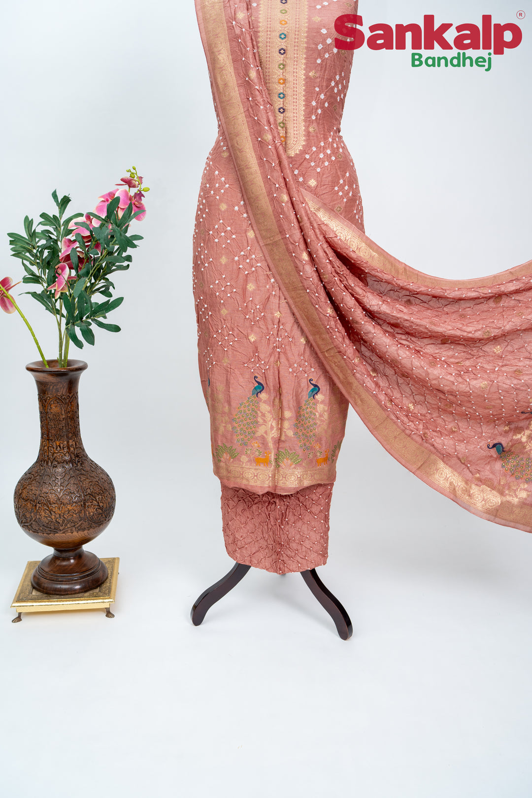 Light Carrot (Gajeri) Bandhani Tussar Silk Dress Material