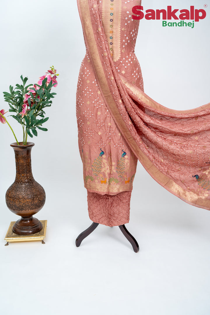 Light Carrot (Gajeri) Bandhani Tussar Silk Dress Material