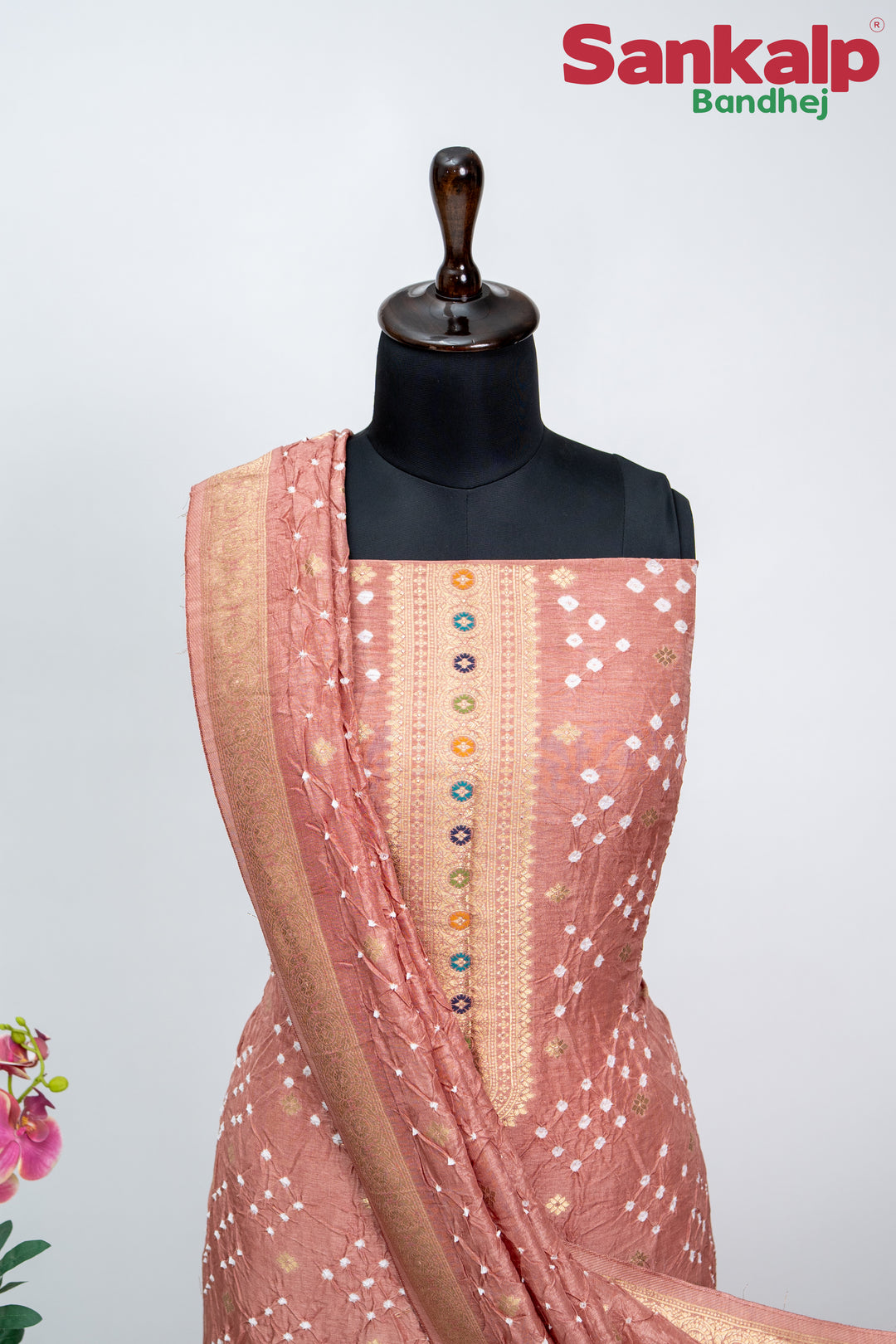 Light Carrot (Gajeri) Bandhani Tussar Silk Dress Material