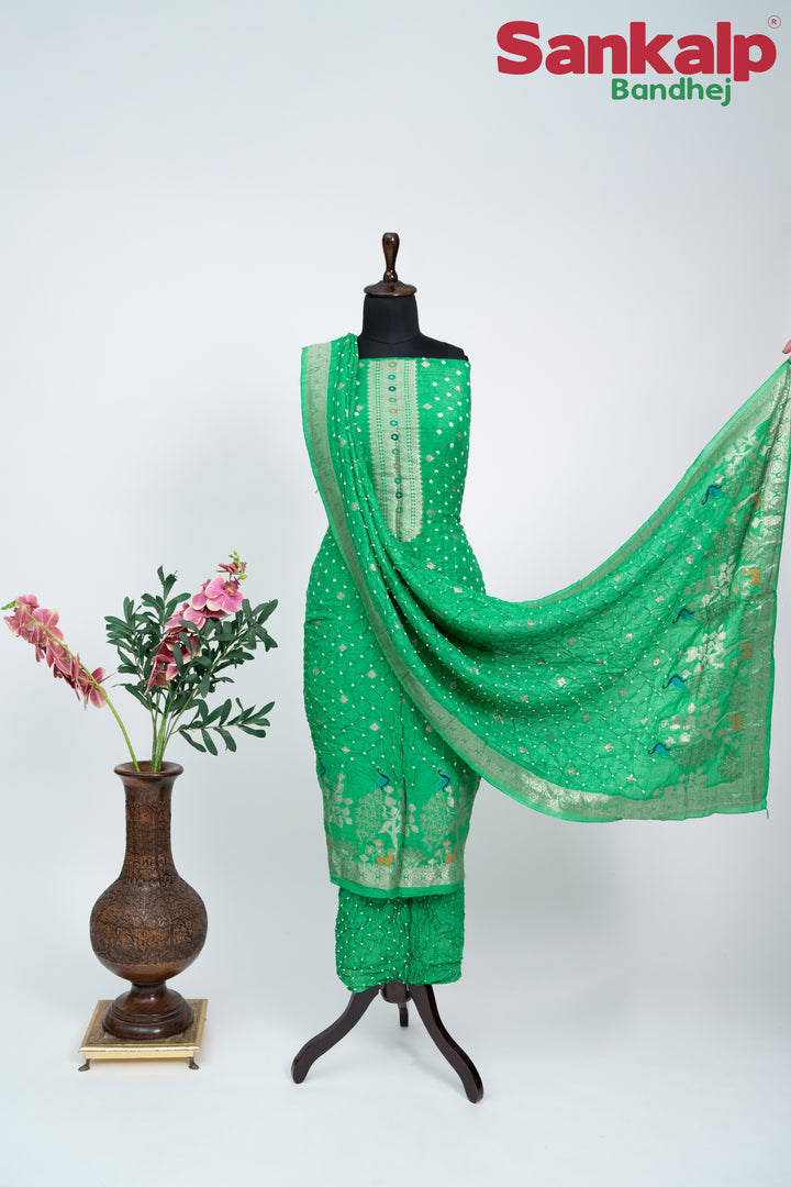 Green Bandhani Tussar Silk Dress Material