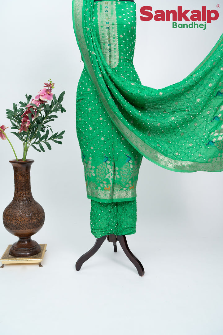 Green Bandhani Tussar Silk Dress Material