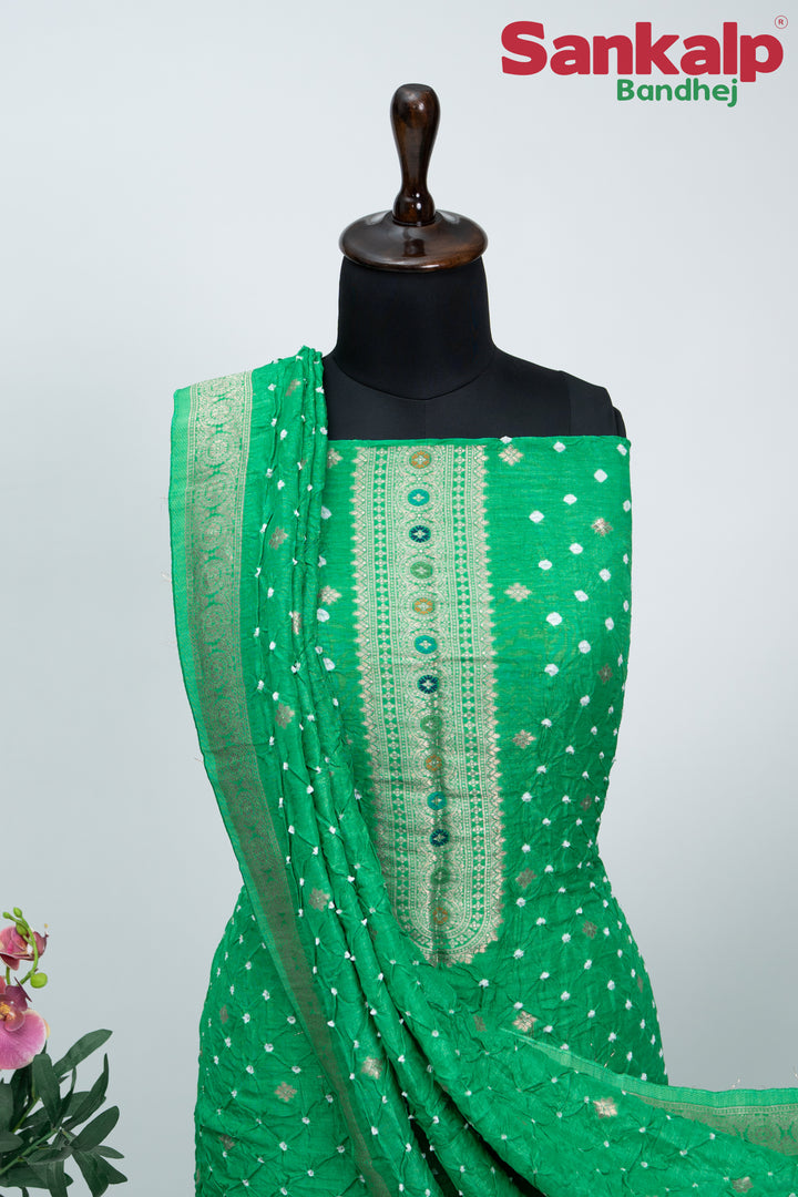 Green Bandhani Tussar Silk Dress Material