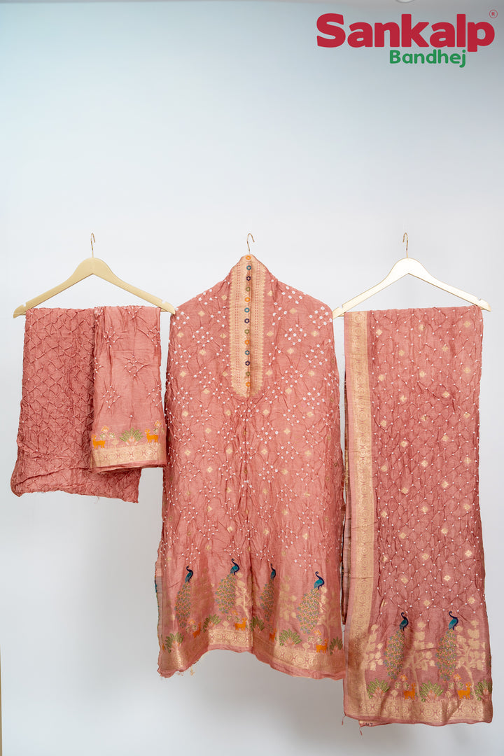 Light Carrot (Gajeri) Bandhani Tussar Silk Dress Material