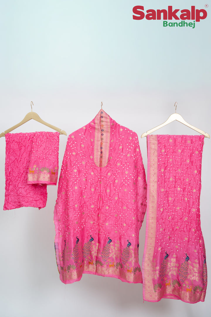 Light Pink Bandhani Tussar Silk Dress Material