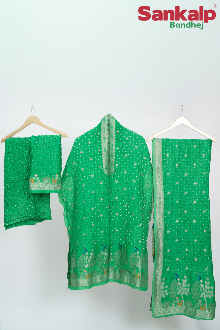 Green Bandhani Tussar Silk Dress Material