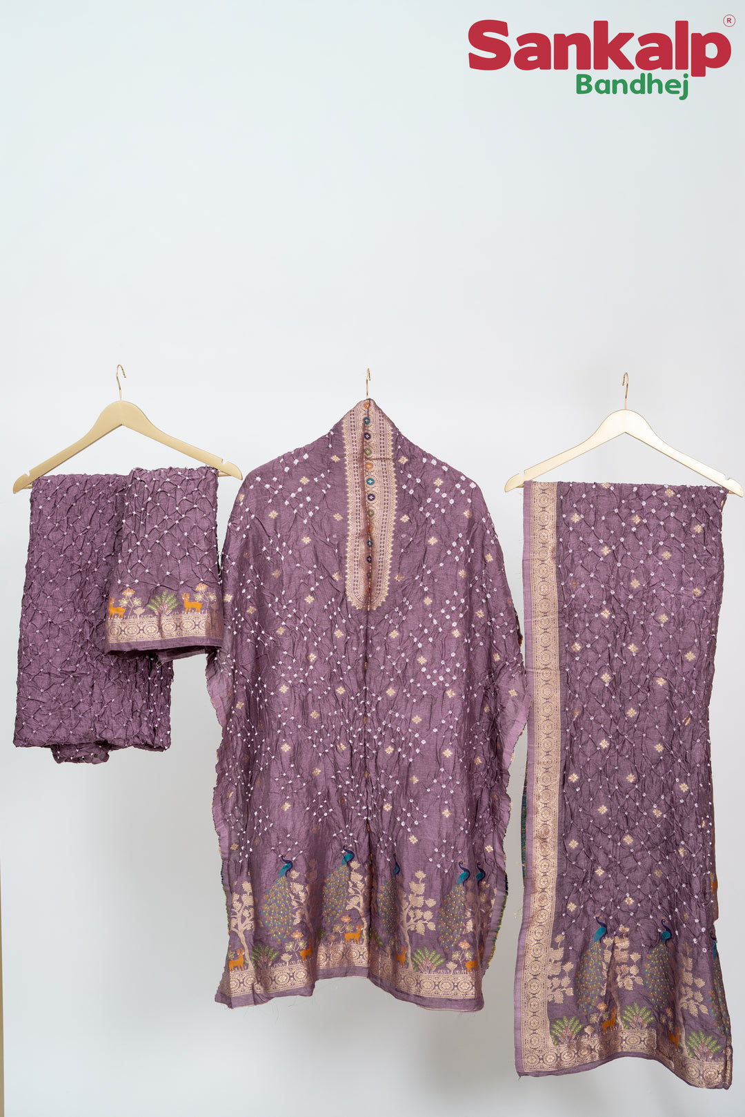Wine Bandhani Tussar Silk Dress Material