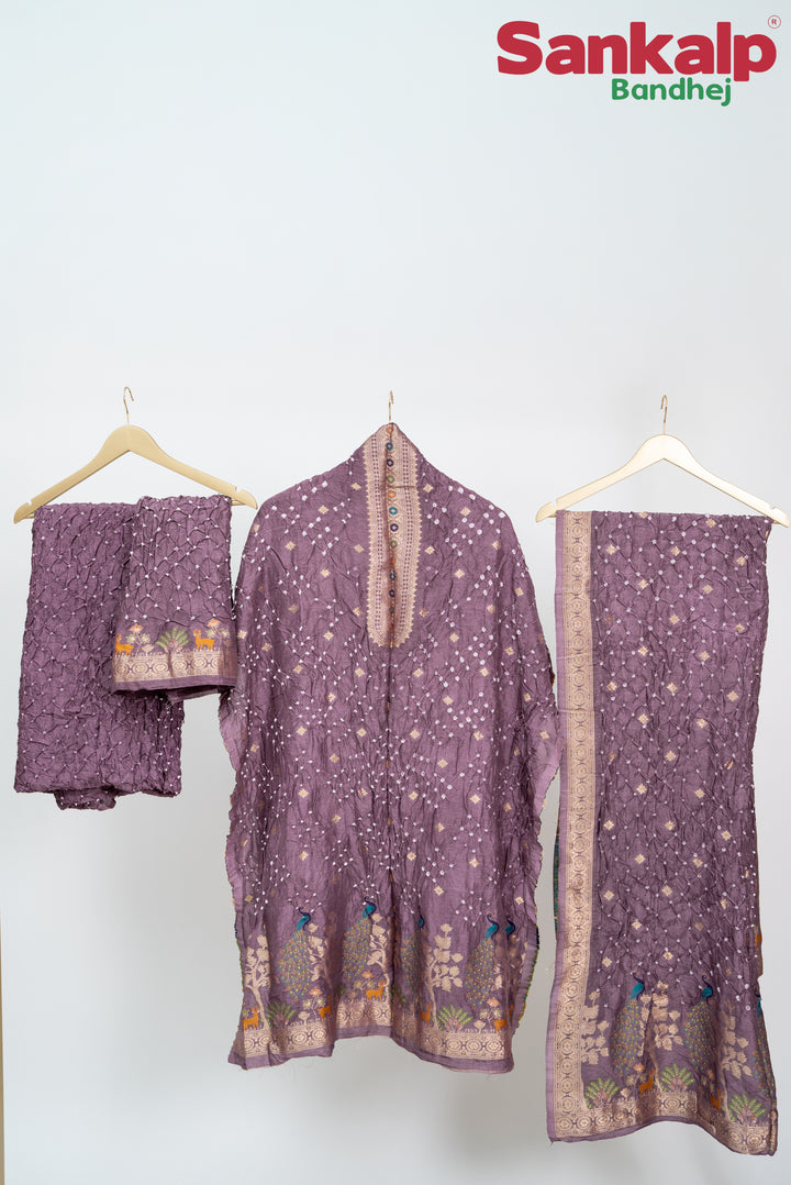 Wine Bandhani Tussar Silk Dress Material
