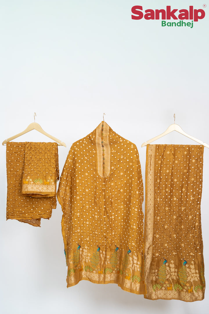 Mustard (Sonera ) Bandhani Tussar Silk Dress Material