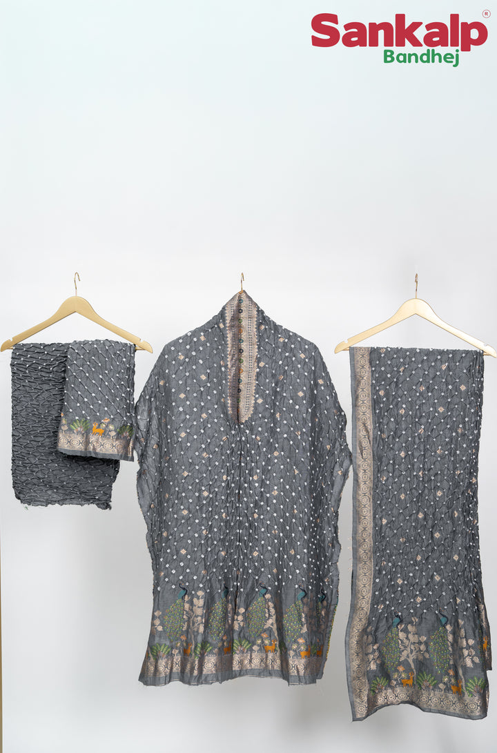 Grey Bandhani Tussar Silk Dress Material