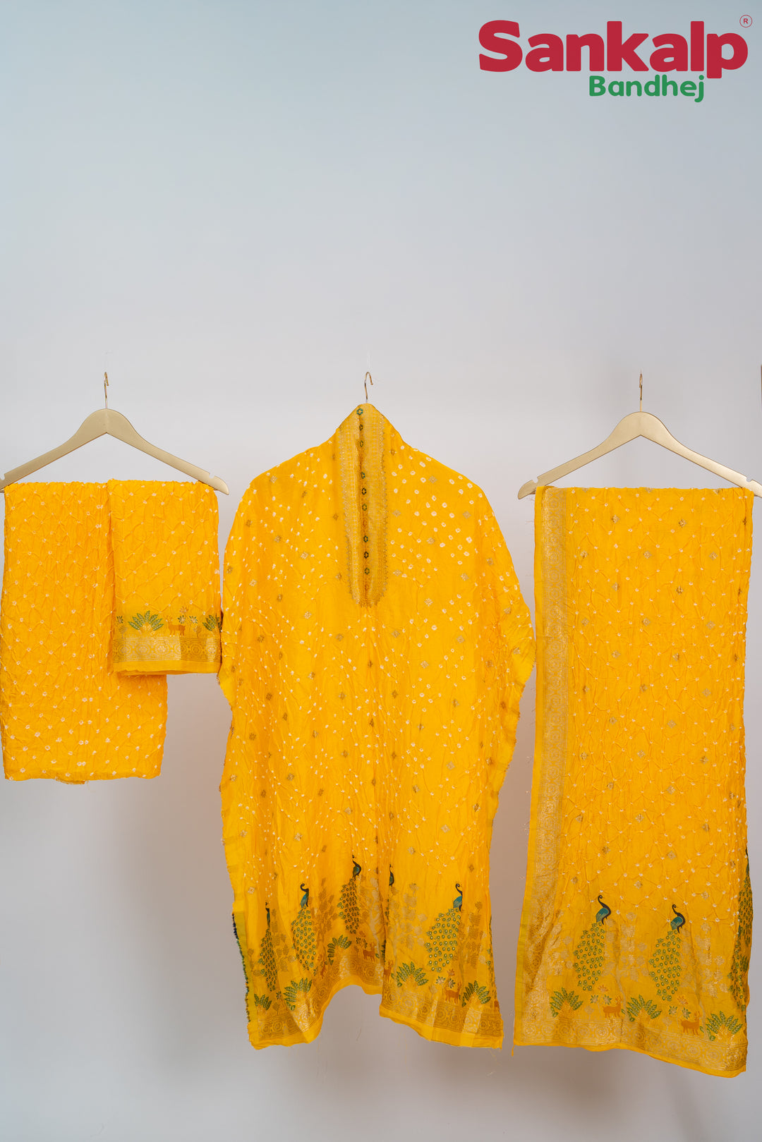Golden Yellow Bandhani Tussar Silk Dress Material