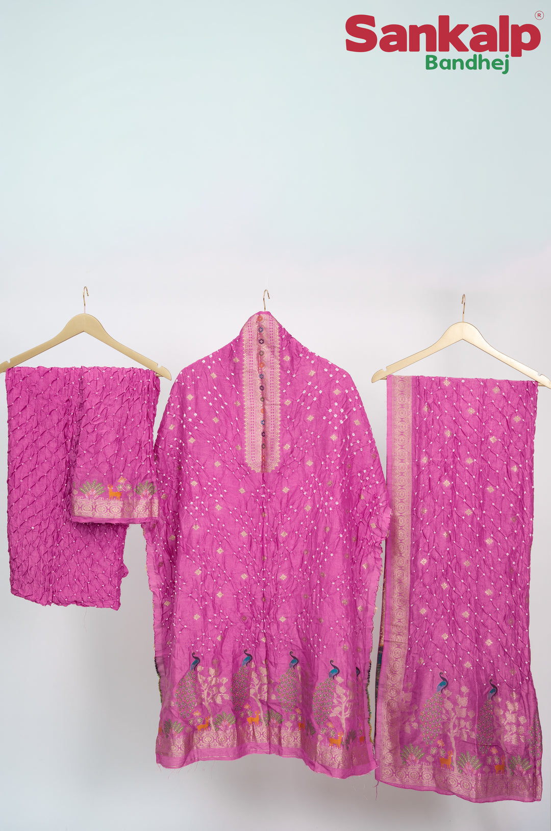 Light Magenta Bandhani Tussar Silk Dress Material