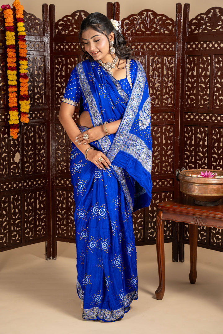 Royal Blue Gajji Silk Star Design Bandhej Saree
