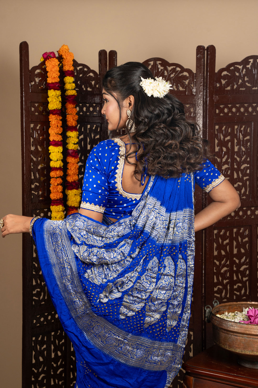 Royal Blue Gajji Silk Star Design Bandhej Saree