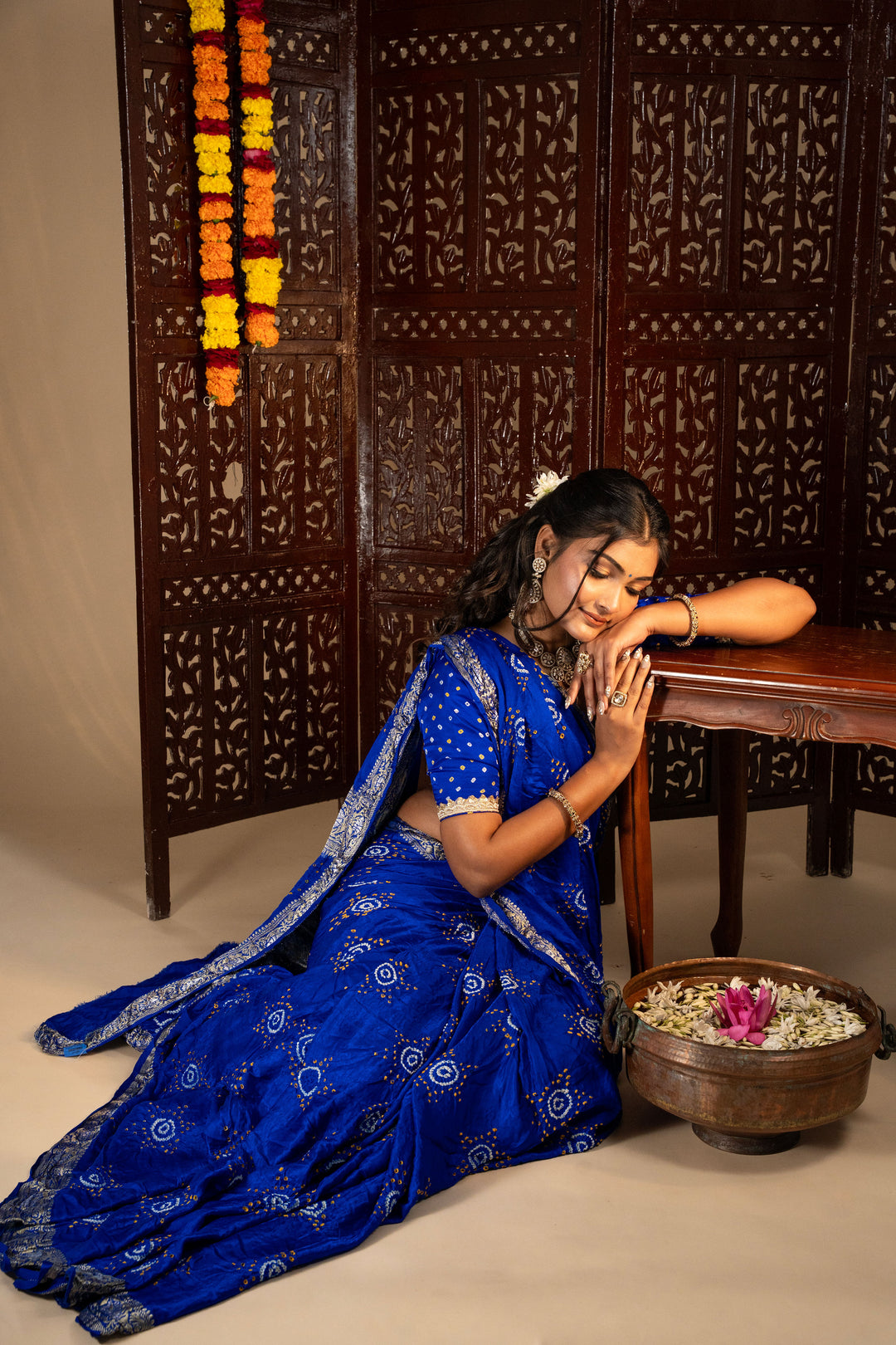 Royal Blue Gajji Silk Star Design Bandhej Saree
