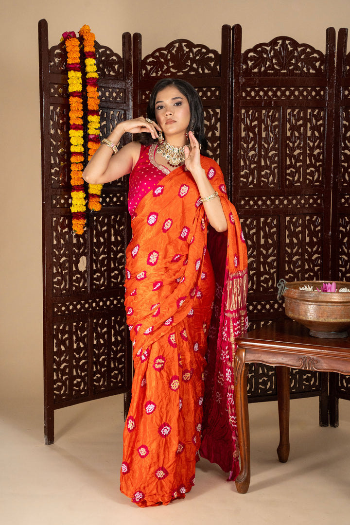 Orange Chiran Zari Pallav Pure Gajji Silk Bandhej Saree
