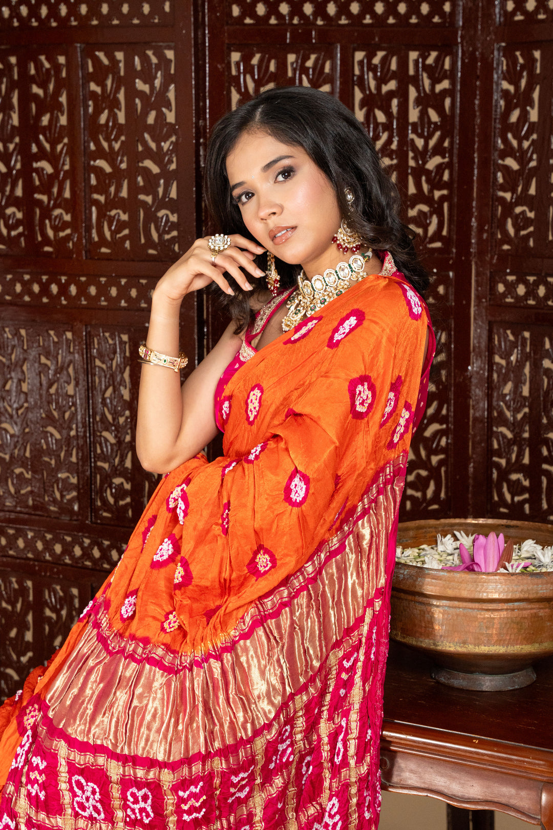 Orange Chiran Zari Pallav Pure Gajji Silk Bandhej Saree