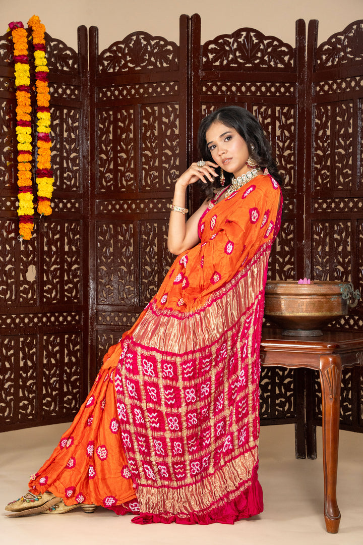 Orange Chiran Zari Pallav Pure Gajji Silk Bandhej Saree