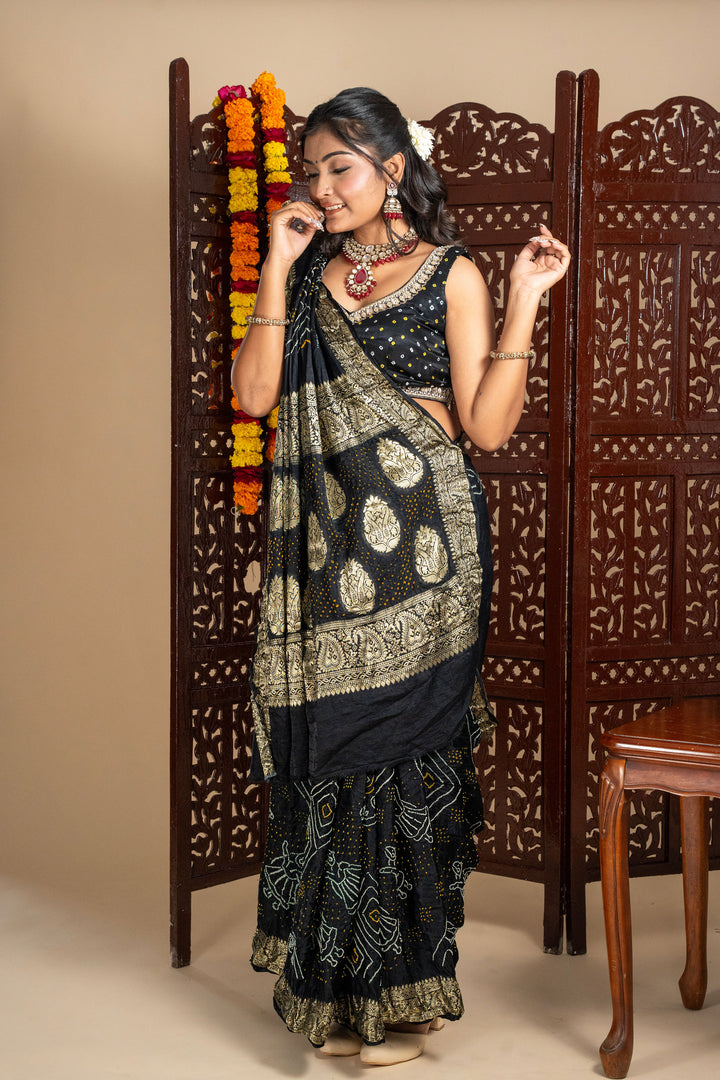 Fancy Gajji Silk Rai Bandhani Saree With Nakshi Border & Pallav in Black Colour