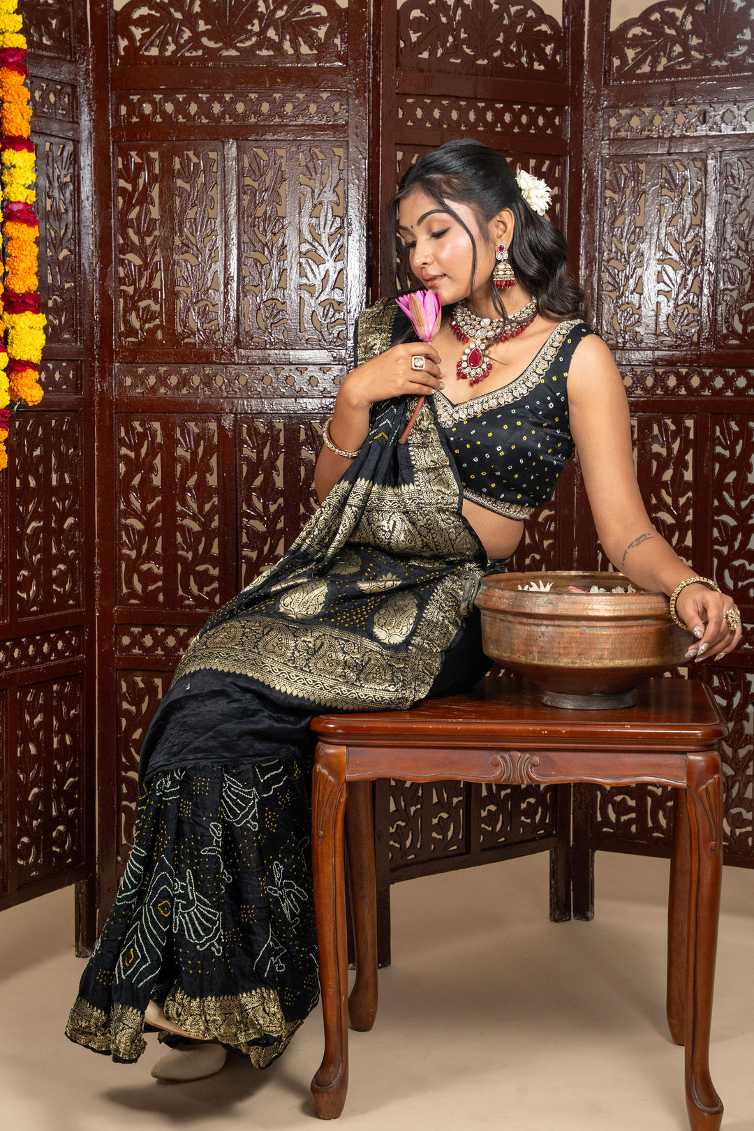Fancy Gajji Silk Rai Bandhani Saree With Nakshi Border & Pallav in Black Colour